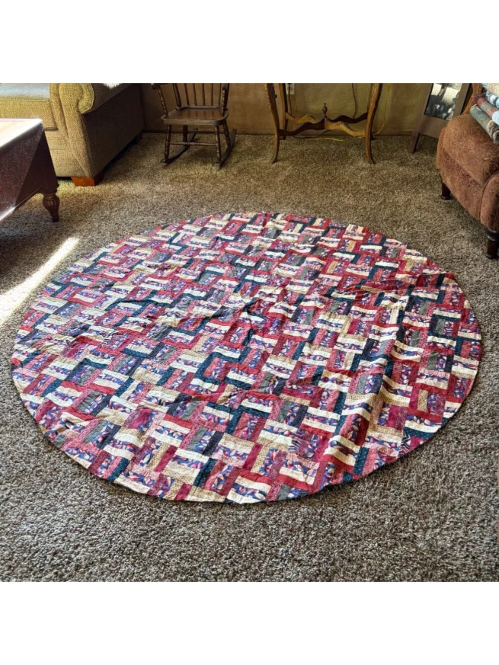 Homemade Tablecloth Patchwork 70in Round Circular Quilt Leafs Blue Maroon Tan